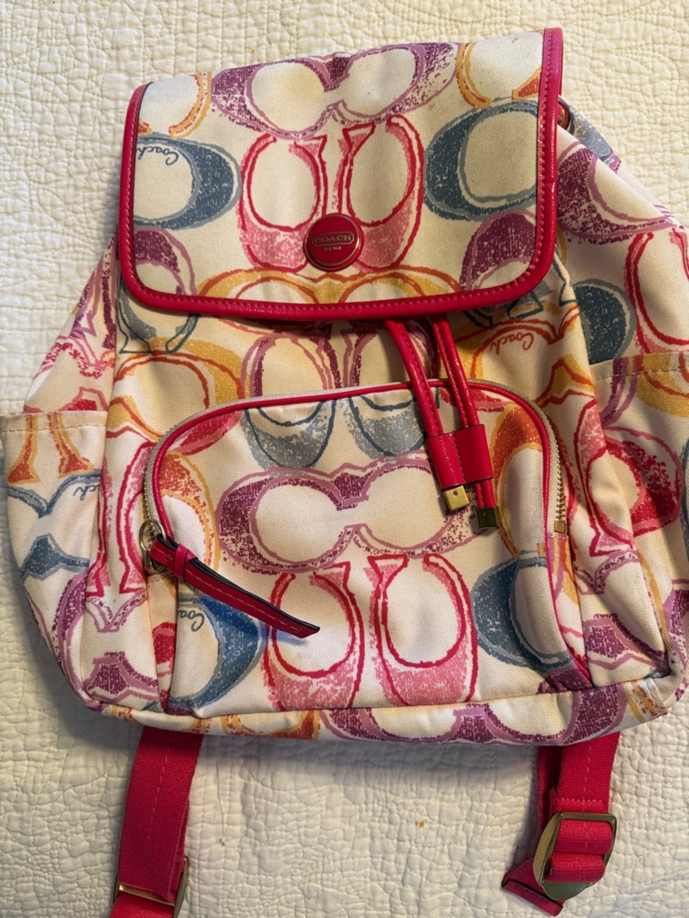 Coach Multicolor Signature Print Canvas Backpack with Pink Trim